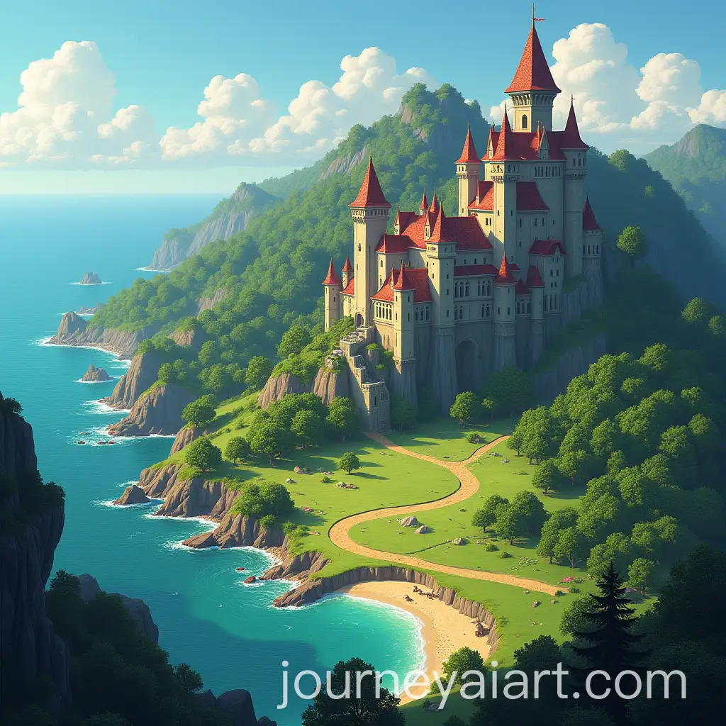 Medieval-Seaside-Town-with-Castle-and-Surrounding-Forest