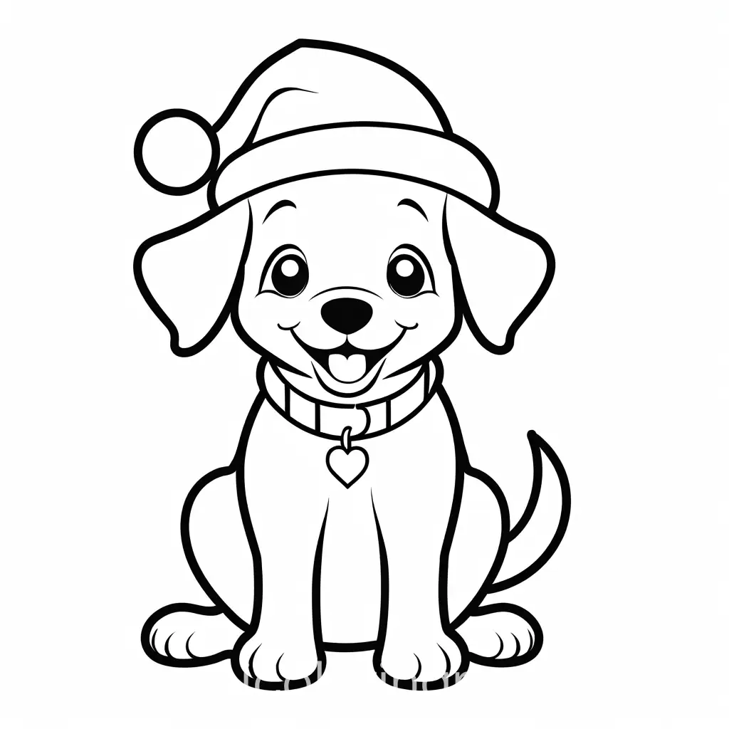 happy cute dog smiling wearing a christmas hat coloring page for toddlers, Coloring Page, black and white, line art, white background, Simplicity, Ample White Space. The background of the coloring page is plain white to make it easy for young children to color within the lines. The outlines of all the subjects are easy to distinguish, making it simple for kids to color without too much difficulty