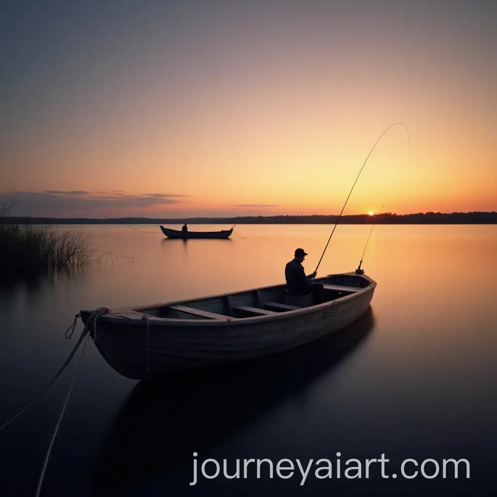 Long-Exposure-of-Boat-Tied-to-Dock-with-Fisherman-Silhouette-at-Sunset-on-a-Lake
