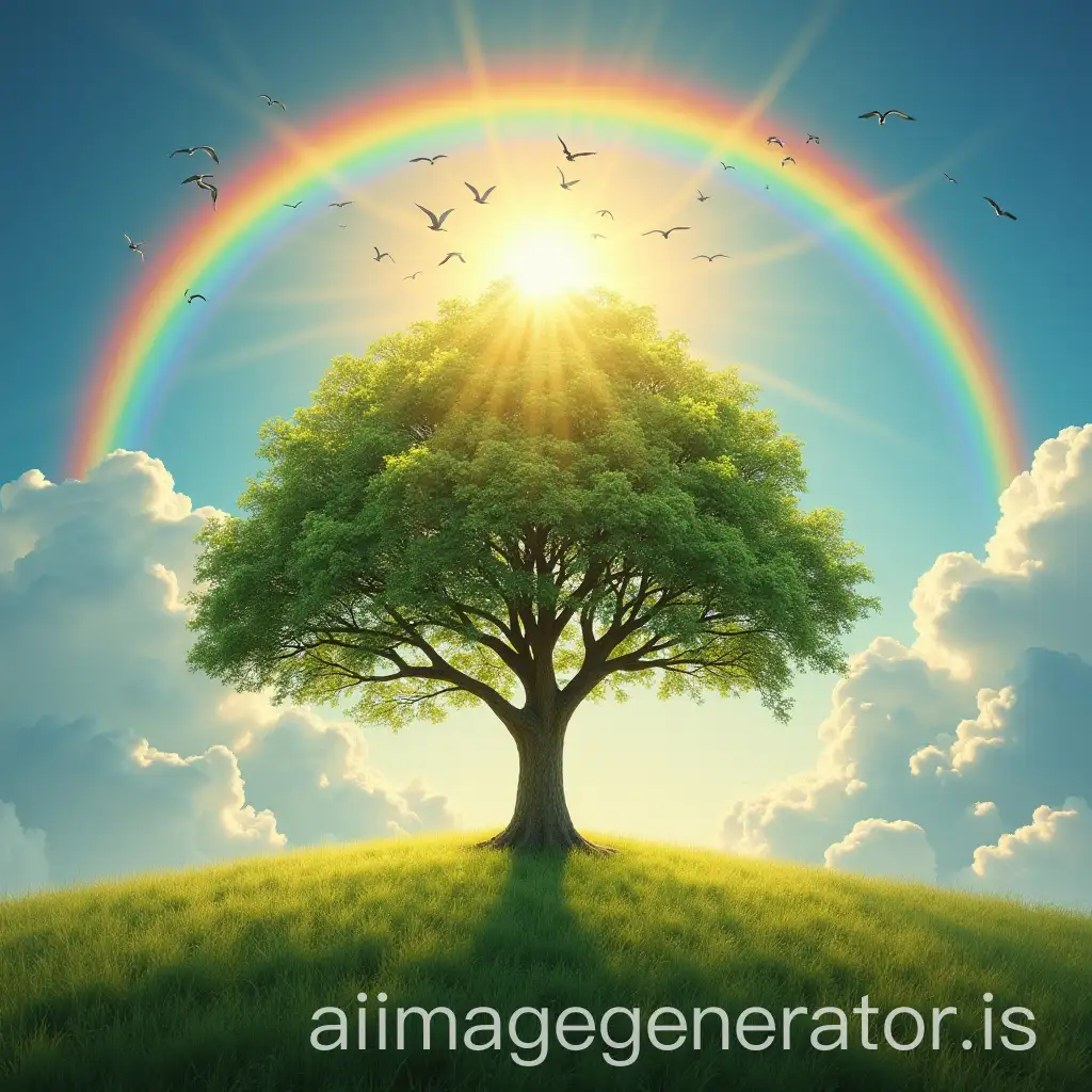 picture of nature with sunshine and presence of tree and cloud and rainbow and birds