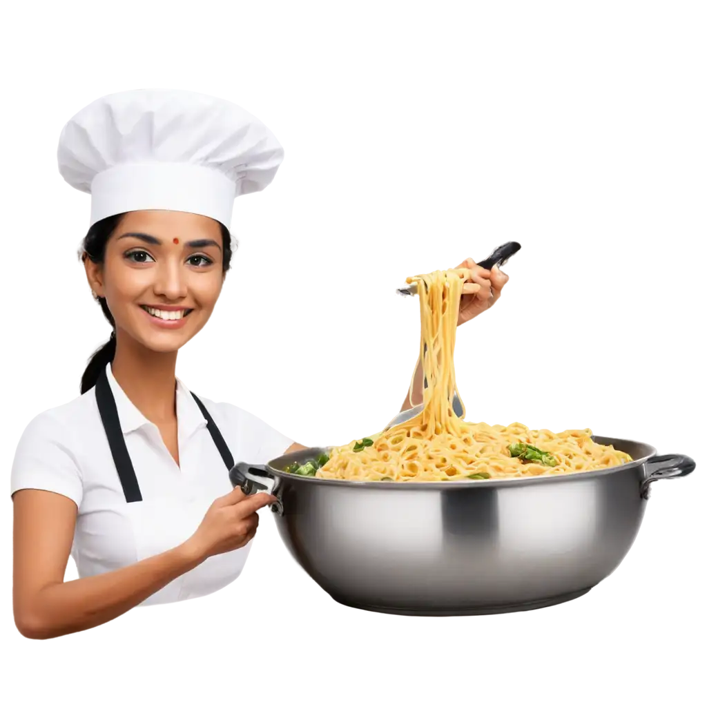 Indian-Women-Chef-Cooking-Noodles-with-a-Smiley-Face-HighQuality-PNG-Image