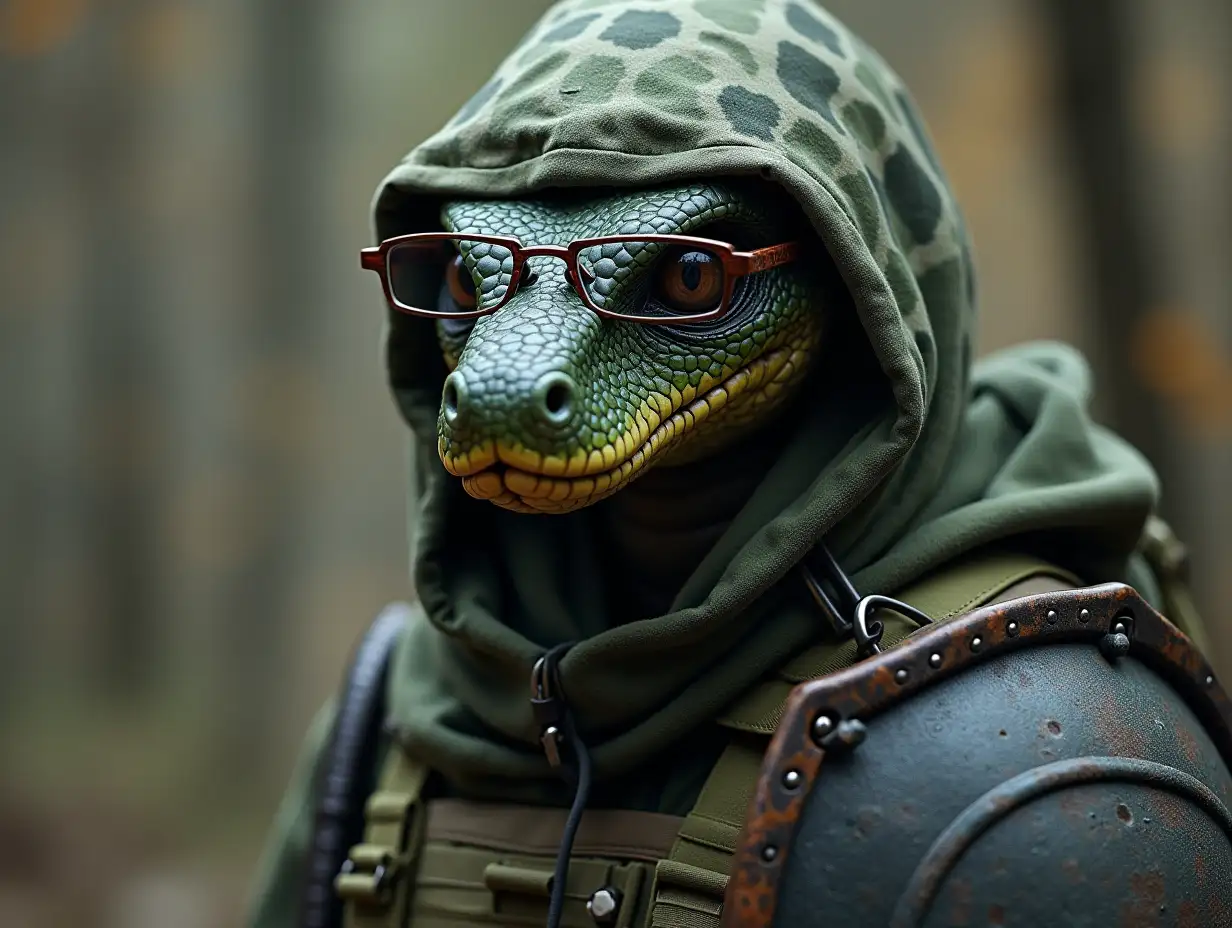 a snake-person in full military camouflage with a shield and very narrow glasses