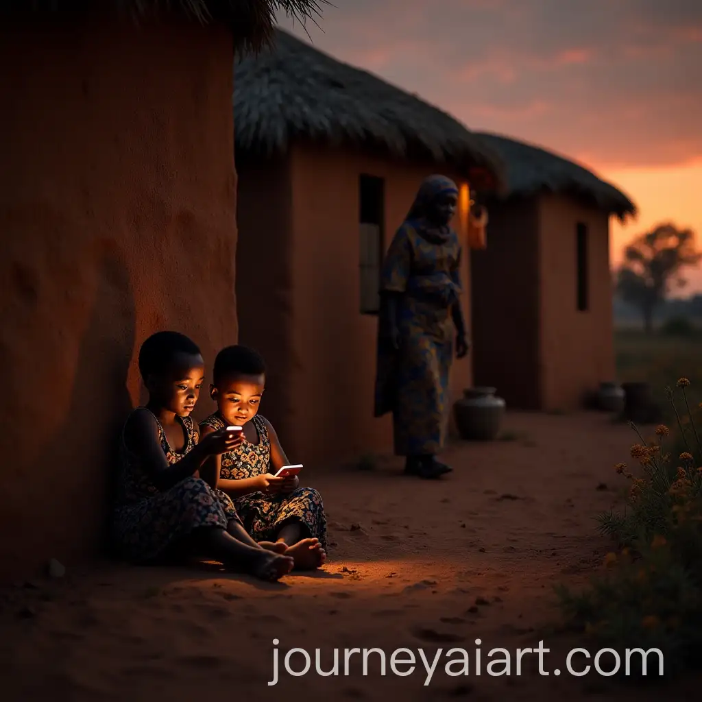 Children-Illuminated-by-Phone-Glow-in-Traditional-African-Compound-at-Dusk