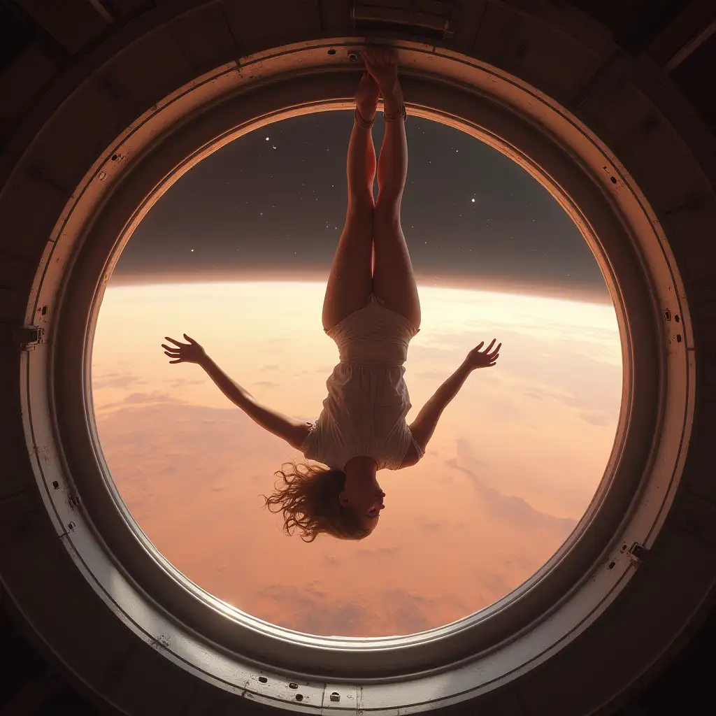 Woman-Floating-Upside-Down-in-a-Spaceship-Porthole-in-Orbit-Around-Mars