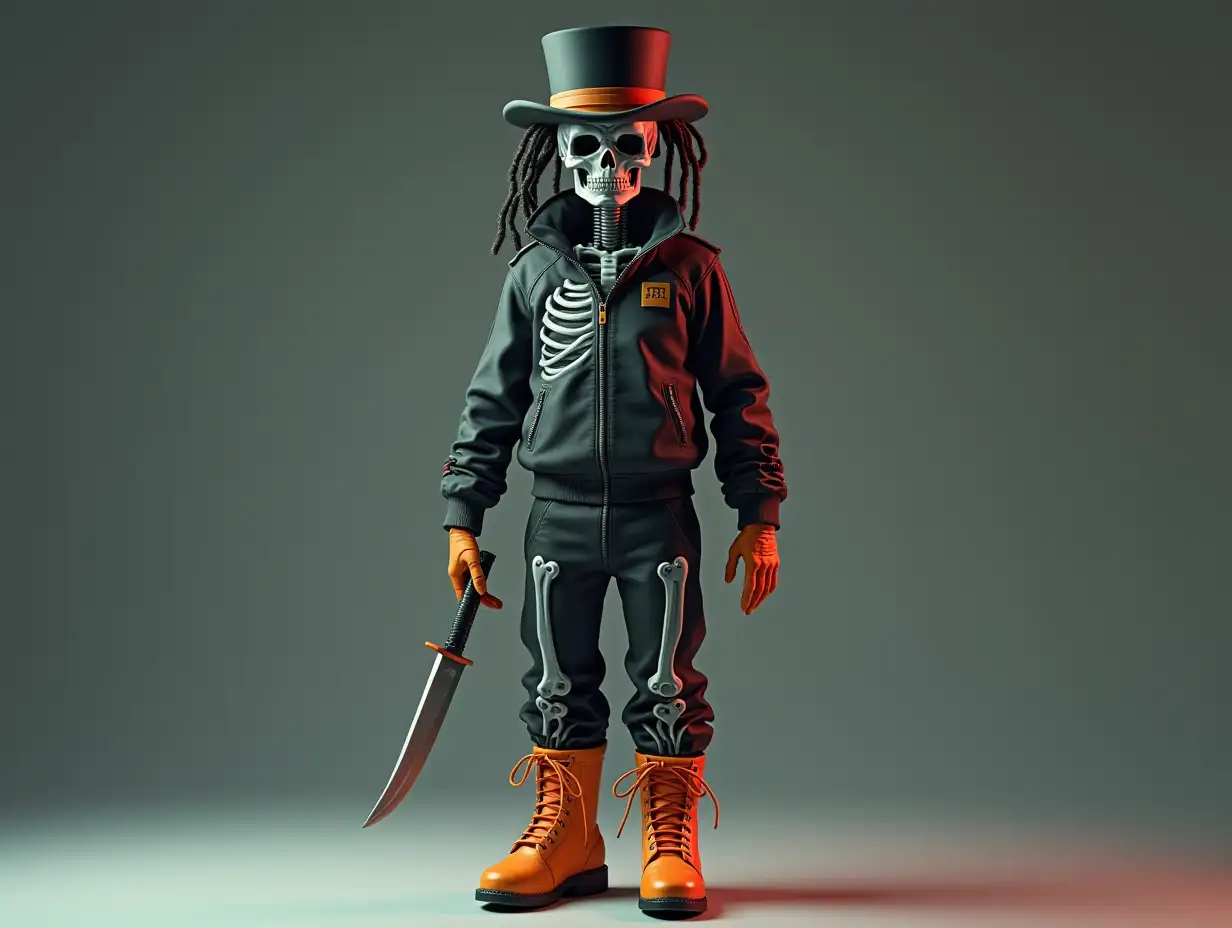 Create a high-resolution, realistic image of a robot with a skeletal body, orange laced boots and a head wearing a fashionable tracksuit, holding a knife in one hand and a top hat and hair in 4K resolution