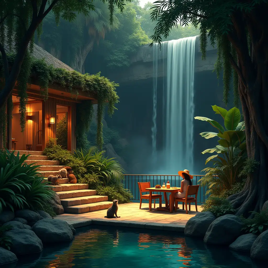 Create an image of an illuminated terrace with natural stone steps, table, chairs, parrot, cat, dog and a pretty woman with sun hat in the jungle with large pond, waterfall, hanging plants, rocks with bushes and photo-realistic detail of parts and lighting.