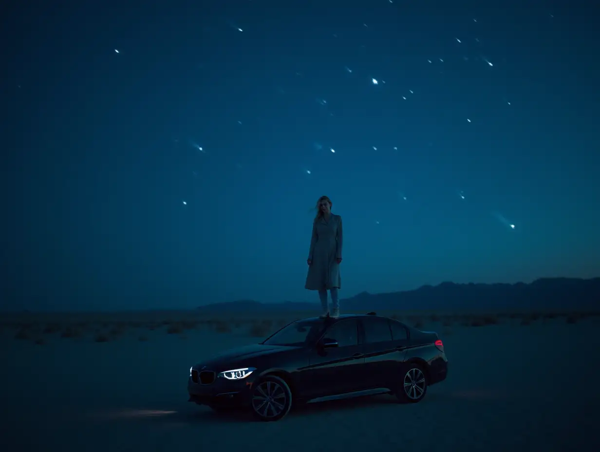 Lonely-Woman-on-Car-Hood-Under-Meteor-Shower-in-Desert-Night