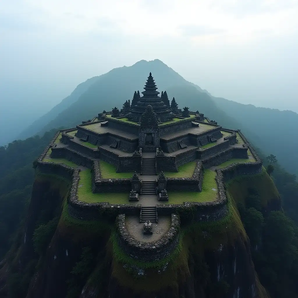 an ancient Indonesian palace colored black and surrounded by palace walls at the top of a volcano. view from above