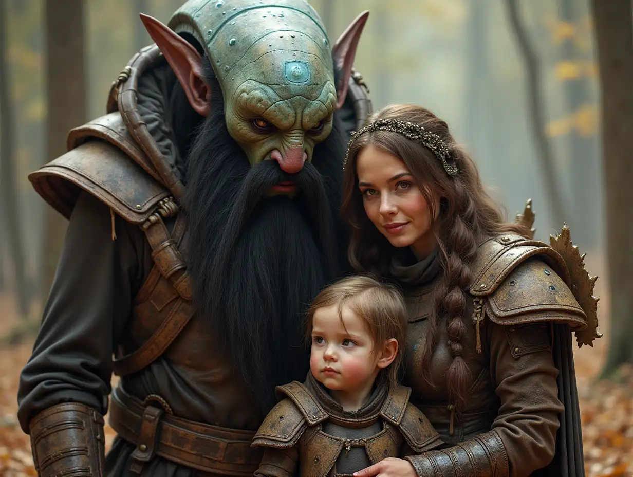 Ki-Fantasy family,Man,Woman, and Children, giant alien face with beard and with wooden armor equipment