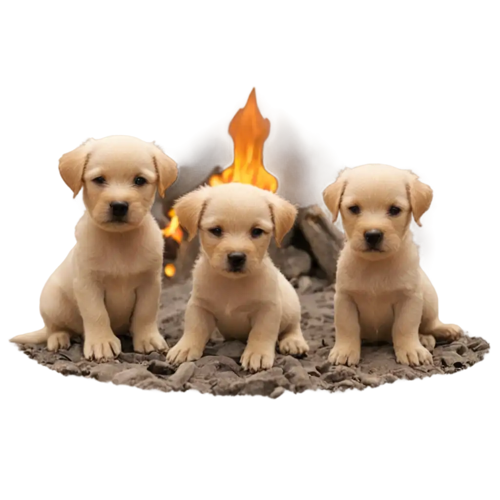 three small puppies sitting around a fire