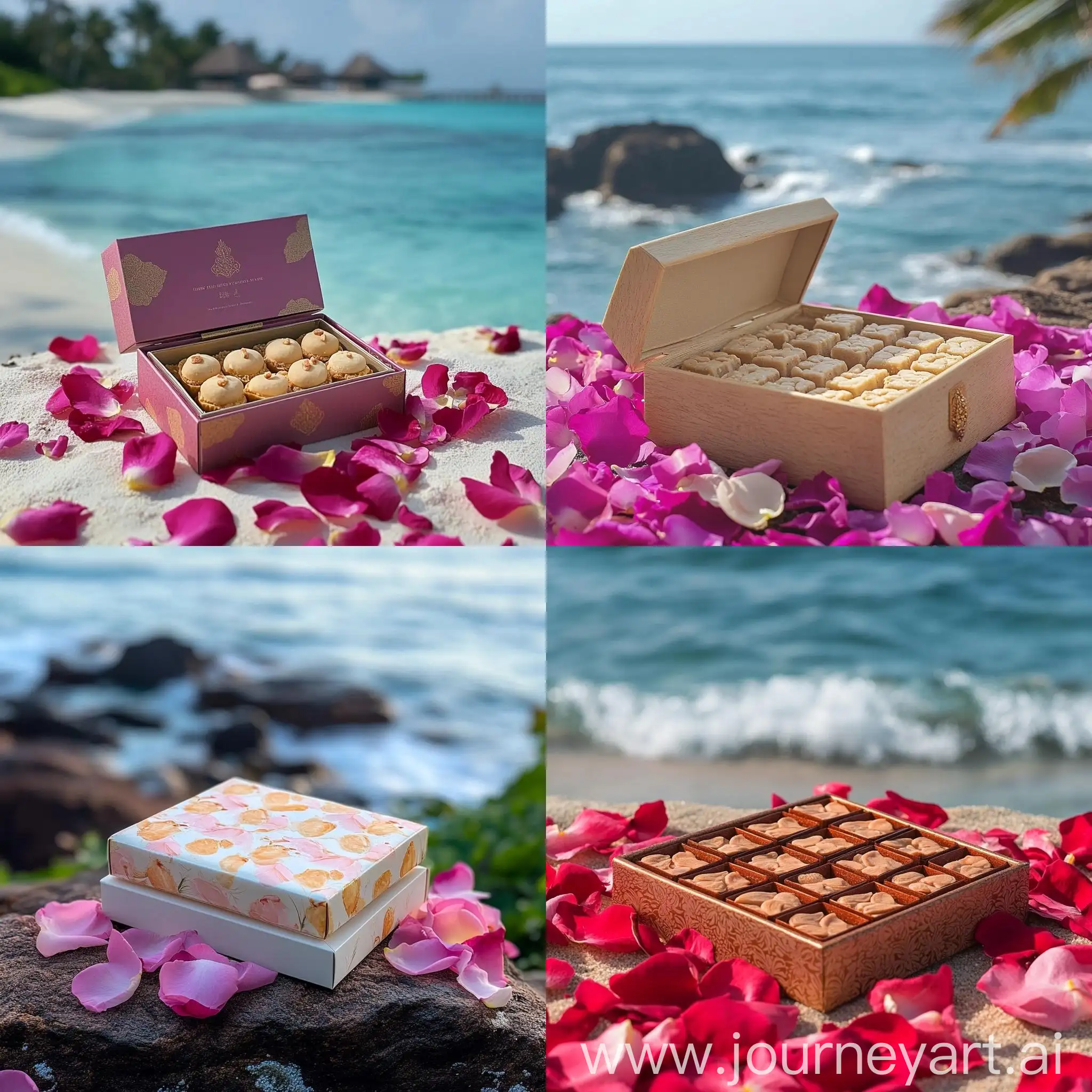 Tranquil-Island-Setting-with-Scattered-Rose-Petals-and-Cashew-Katli-Sweets