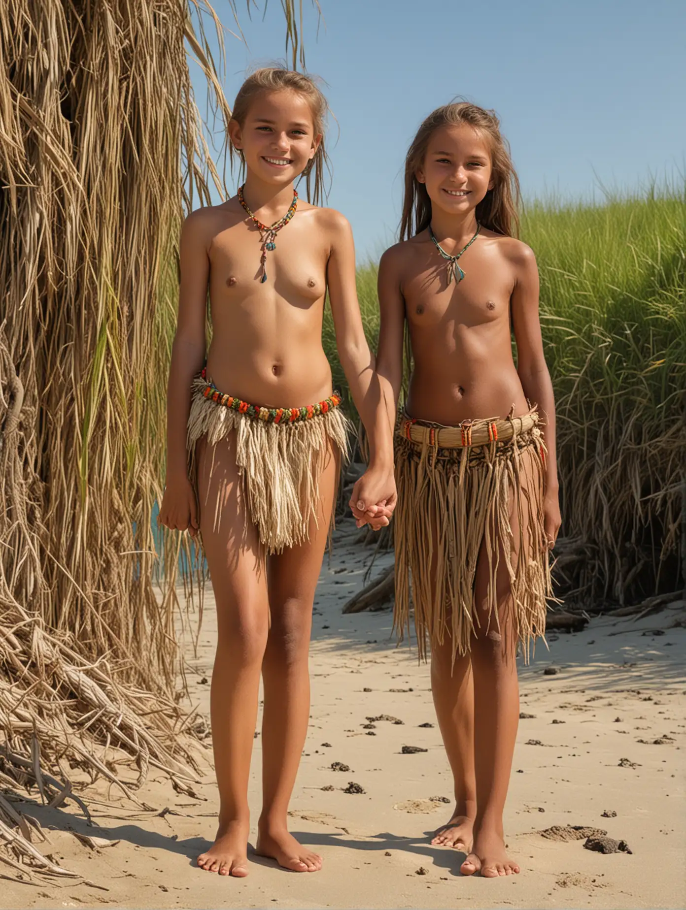 "giant 13yo girl cute innocent face suntan grass skirt" "extremely tall long legged 13yo girl holds hands with the small pygmy tribe elder man at the beach"