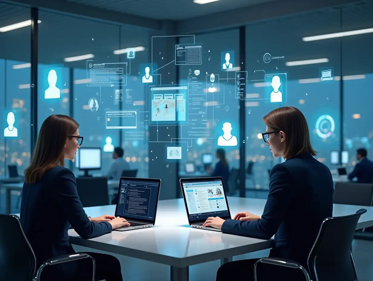 A hyperrealistic photograph depicting a modern and interconnected law office, showcasing the use of technology to provide better services to clients. The office is brightly lit and filled with state-of-the-art digital screens, holographic displays, and smart devices, all connected through a secure digital network.nnIn the foreground, two lawyers are shown working at a clean and minimalist desk, each with their own laptop. The laptops display complex legal documents and data charts, with a focus on clarity and readability.nnAround them, semi-transparent holographic screens float in the air, displaying profiles of various clients and colleagues, as well as real-time data on ongoing cases.nnThe lawyers are interacting with clients remotely through lifelike video conferencing and digital document sharing. The atmosphere is efficient, professional, and technologically advanced, yet still warm and inviting.nnThe color palette should be strictly limited to deep indigo/purple-blue, white, and light gold, reflecting the brand's identity and values. The lighting should be realistic and natural, with a focus on creating a sense of depth and dimension.nnThe overall message is that this law office is at the forefront of innovation, utilizing technology to provide efficient, accessible, and high-quality legal services. The image should be clean, modern, and visually impactful, capturing the essence of the brand's mission and vision. The entire image should have a photorealistic quality, with a focus on detail, realism, and authenticity.