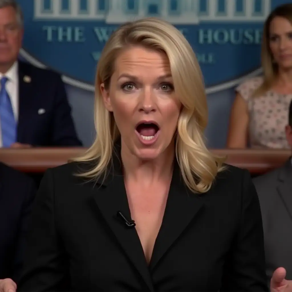 A close-up shot of a liberal white female journalist with shoulder-length blonde hair, passionately shouting during a White House press conference. She is wearing a professional blazer and blouse, her expression intense with furrowed brows and an open mouth as she speaks forcefully. In the slightly blurred background, other reporters can be seen seated, some taking notes or watching attentively. The setting is a well-lit press briefing room with a formal atmosphere, capturing the energy of a heated exchange