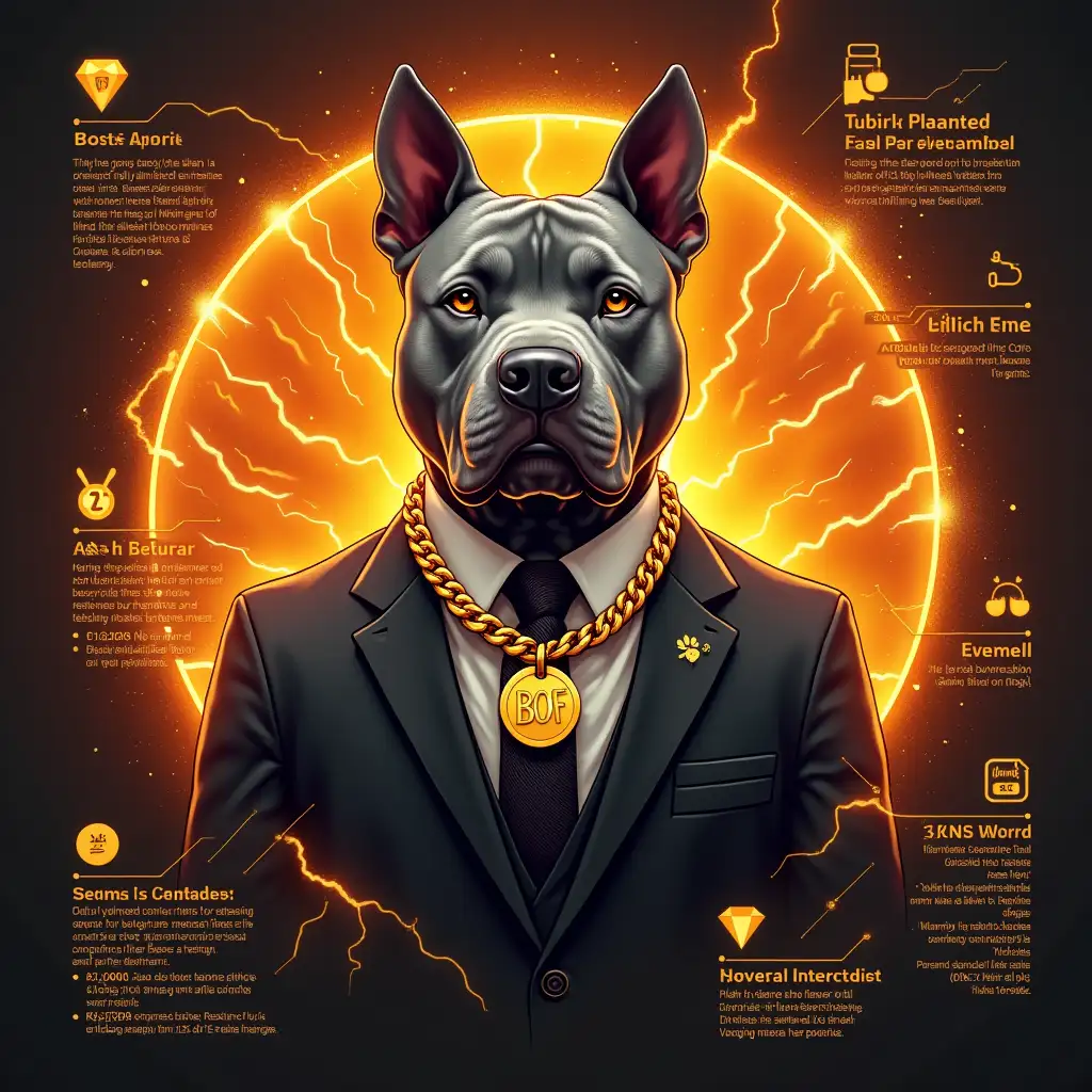 Create an infographic about the future plans of the BOF crypto project. The central focus is a grey muscular pit bull wearing a suit, adorned with a gold chain featuring the inscription 'BOF', and its ears are perked up. The overall color scheme of the infographic should be fiery orange, with lightning explosions and other special effects incorporated throughout. Surrounding the pit bull, include detailed information about the project to enhance the visual appeal