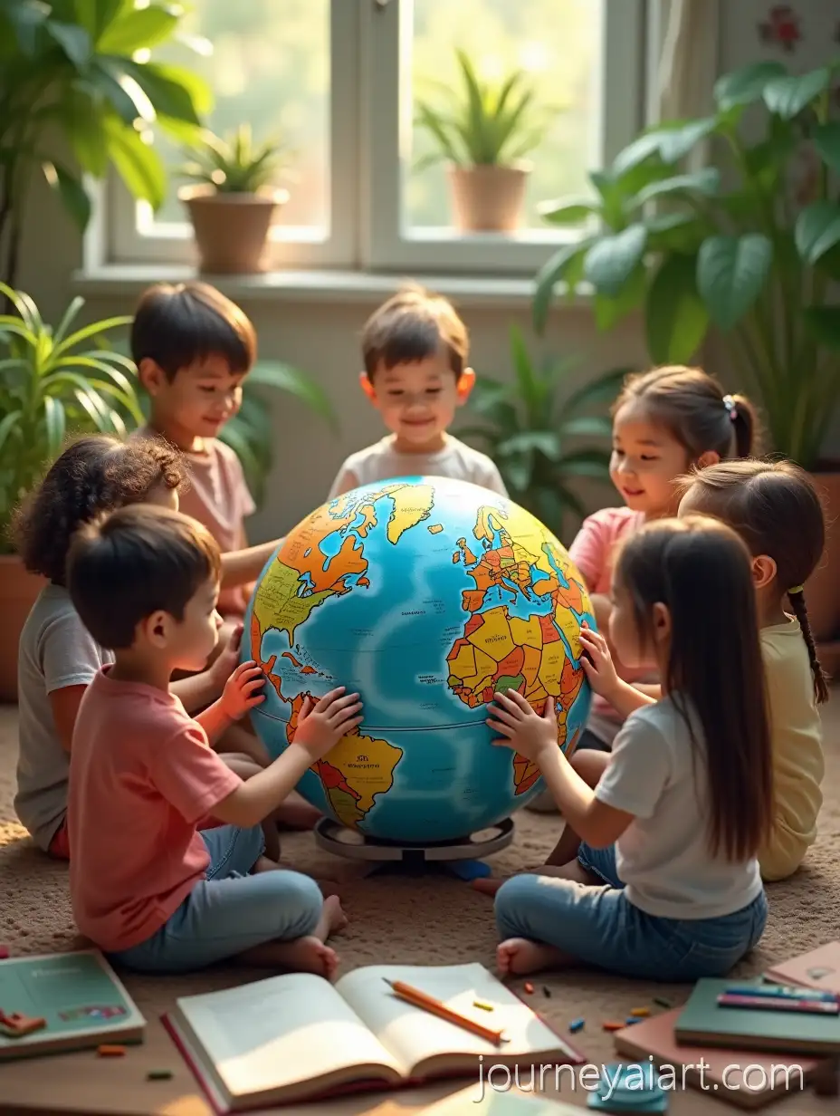 Diverse-Children-United-in-Learning-Around-Globe-in-CozyChildren-united-around-globe-Garden-Setting