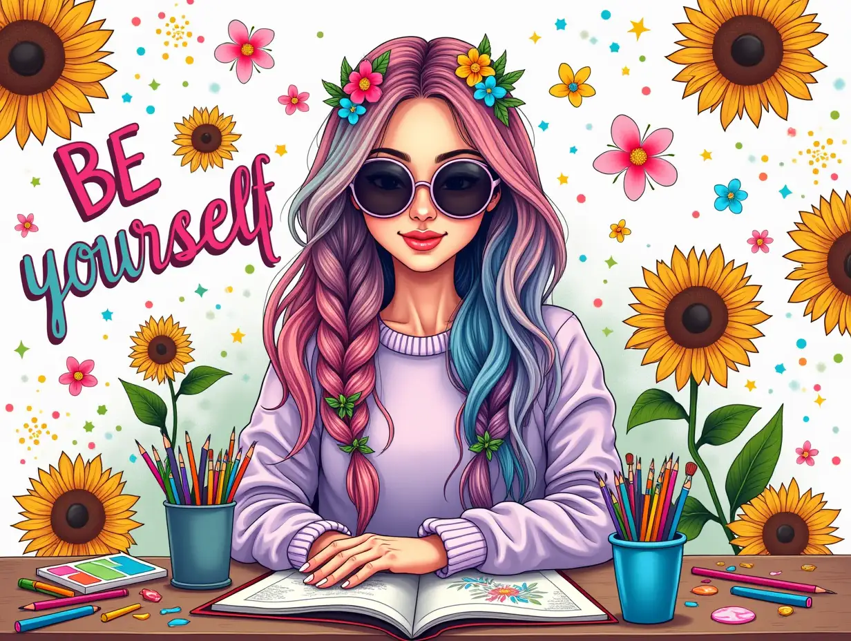 hand drawn art, seamless design. Create a vibrant and whimsical illustration of a young woman with long, flowing hair adorned with colorful flowers and braids, set against a backdrop of bright sunflowers and pastel blossoms. She wears stylish sunglasses and a cozy sweater while sitting at a desk cluttered with art supplies like colored pencils, sketchbooks, and paintbrushes. Her hair features a gradient of pastel colors, blending pinks, blues, and purples. Surround her with cheerful sunflowers and greenery, incorporating artistic elements like doodles and sparkles. The text 'BE yourself' should be written in bold, colorful letters, with a neon effect. The background should be filled with glitter and other decorative elements.