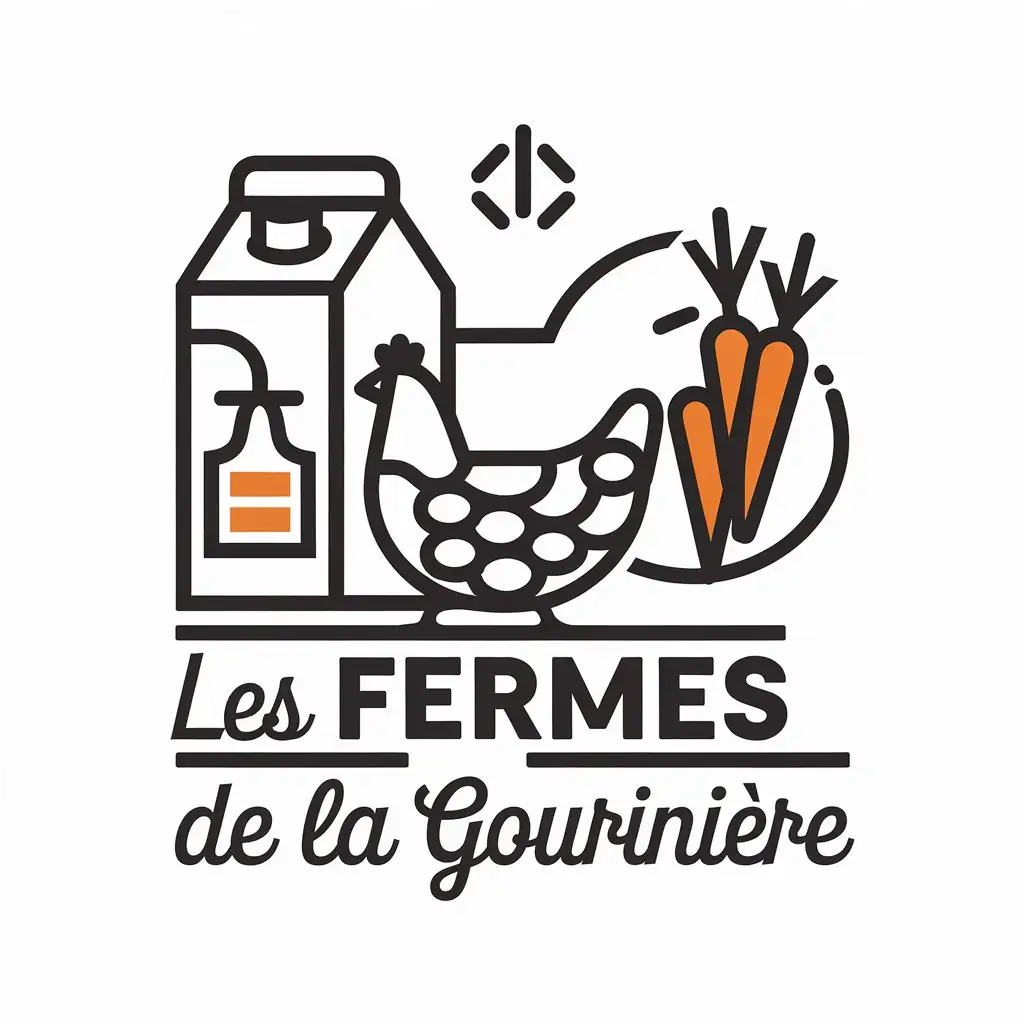 LOGO Design for Les fermes de la Gourinire Vector Design Featuring Milk Chicken and Carrots in a Cart