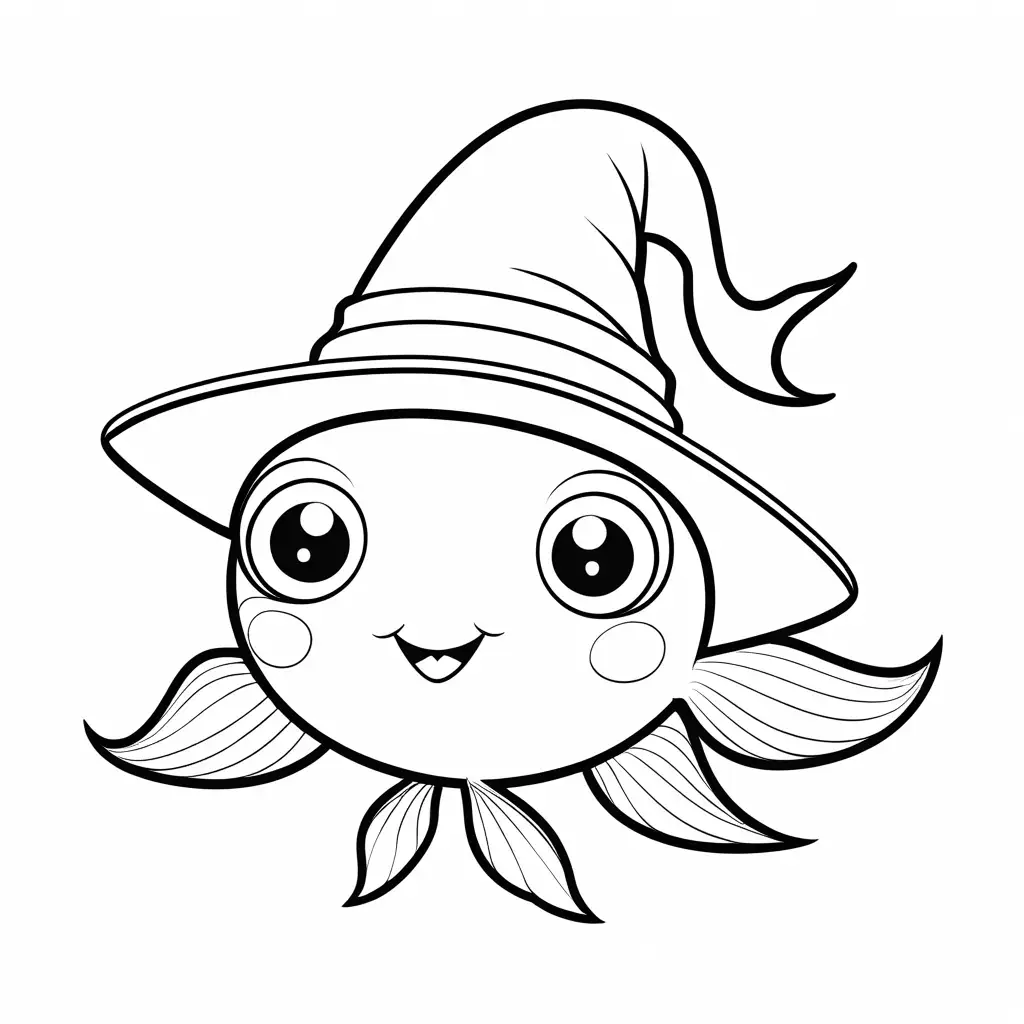 happy cute fish smiling and wearing a witch hat coloring page for toddlers, Coloring Page, black and white, line art, white background, Simplicity, Ample White Space. The background of the coloring page is plain white to make it easy for young children to color within the lines. The outlines of all the subjects are easy to distinguish, making it simple for kids to color without too much difficulty