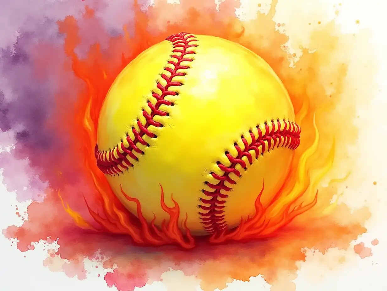 Create an impressionist-style image of a yellow softball engulfed in dynamic flames, with vibrant orange and yellow hues. The softball should be textured, clearly showing its red stitching, set against a backdrop of splattered watercolor washes in purple, orange, and yellow. The background should feature loose brushstrokes and visible texture, conveying a sense of energy and movement. Use a vivid, high-contrast abstract style with splattered colors around the softball and flames to suggest a lively sports action scene.