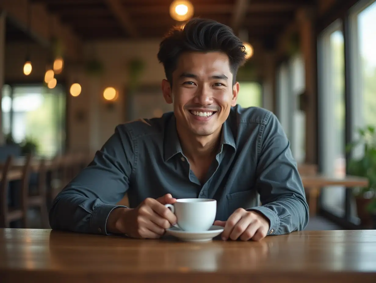 Create realistic picture for a handsome man of Thailand nationality is sitting on a chair and drinking coffee nearly wooden table.