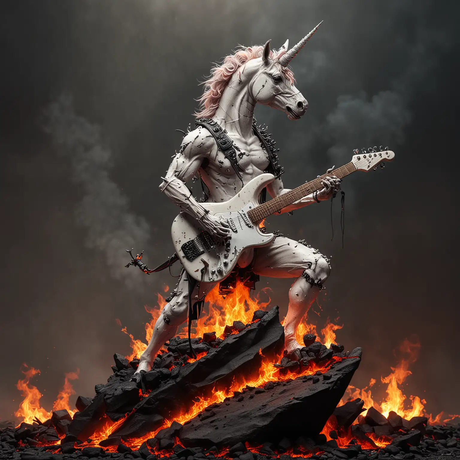 Anthropomorphic Brutal Unicorn Rocker with Electroguitar in Heavy Metal Fire Lava Scene