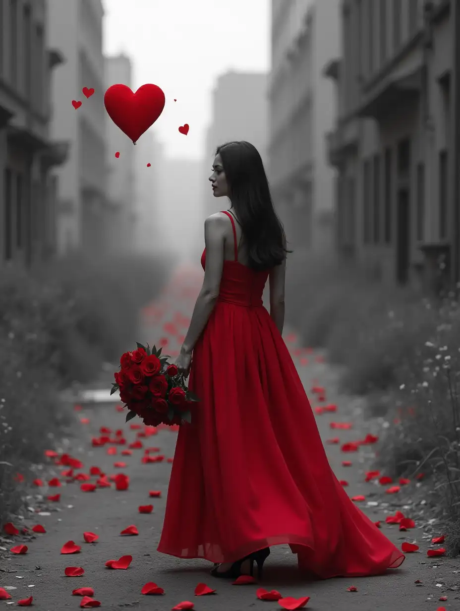 Young-Woman-in-Red-Dress-Walking-Through-Abandoned-City-with-Red-Roses-and-Flashing-Valentines