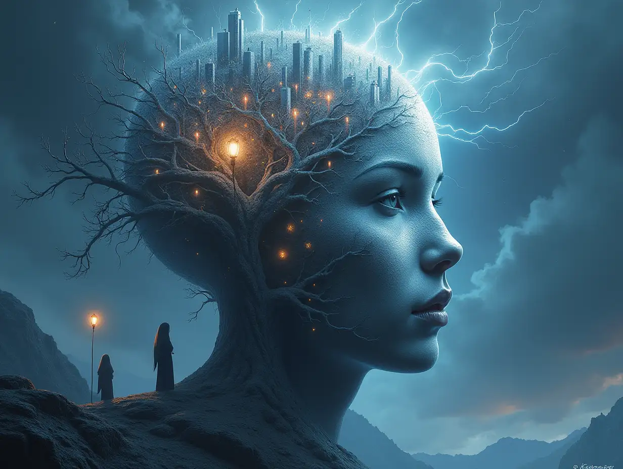 Creating a digital painting of a face with hair transforming into buildings with silver stone and illuminated trees with branches and lantern and alien beings on a mountain with lightning