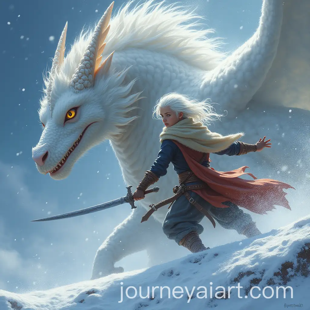 Epic-Battle-of-Young-WhiteHaired-Adventurer-Fighting-Snow-Dragon