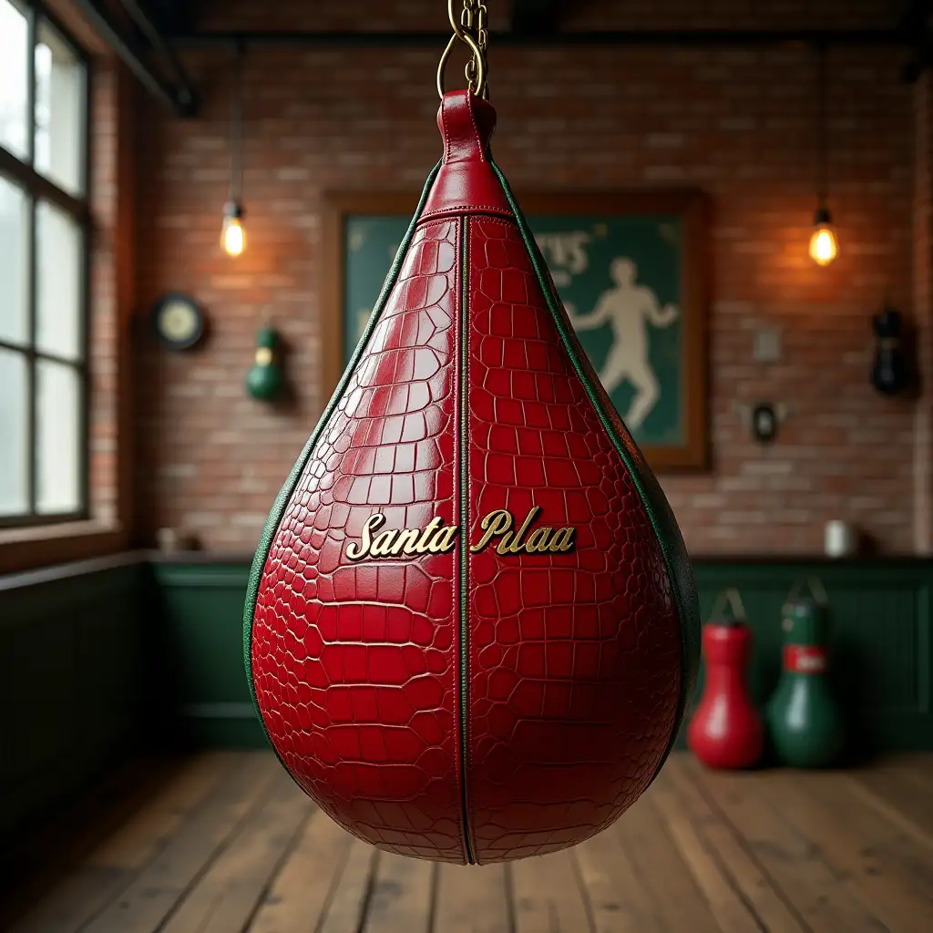 A red crocodile leather teardrop punching bag with bold green stitching, blending luxury and precision. The 'Santa Pelea' brand name is embossed in gold foil, adding elegance and exclusivity. Hanging from bronze chains in a vintage boxing gym with brick walls, wooden floors, and retro memorabilia, it becomes the centerpiece. Warm light from industrial windows highlights its refined design and premium craftsmanship