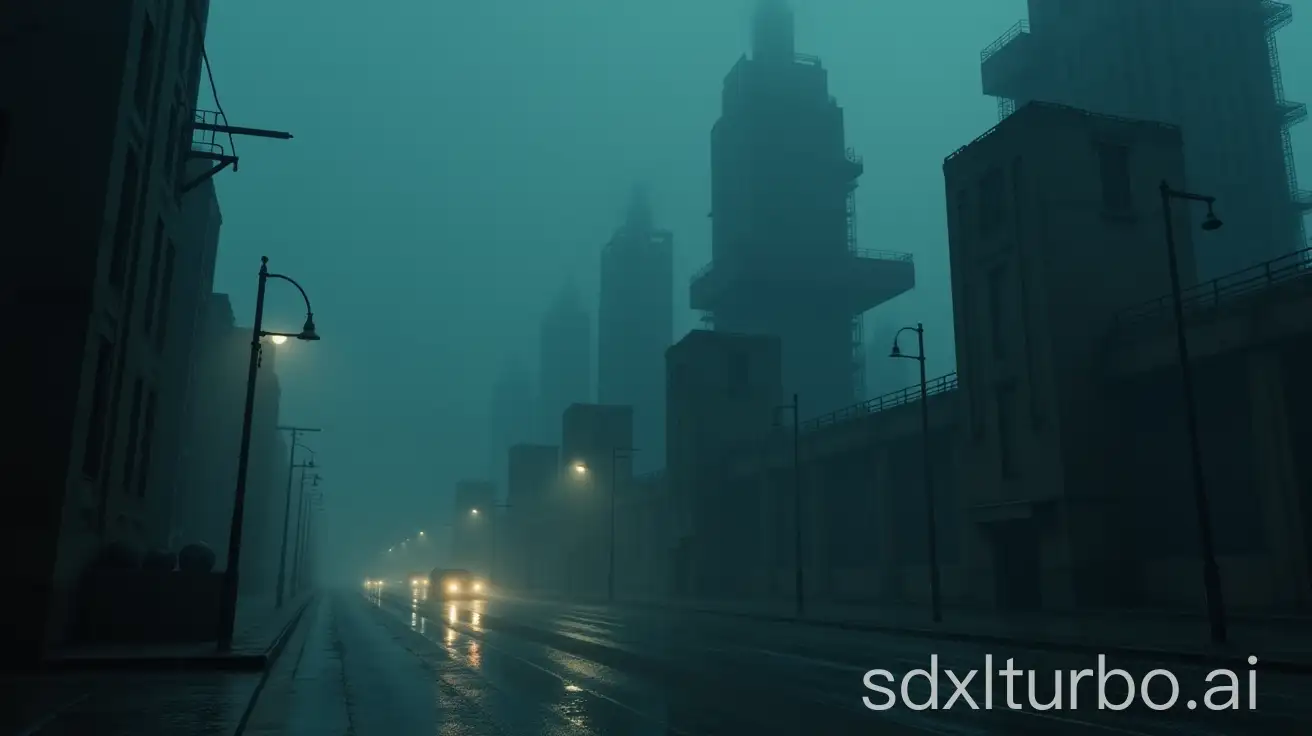 Dystopian-Brutalist-Architecture-in-a-Rainy-Foggy-Night