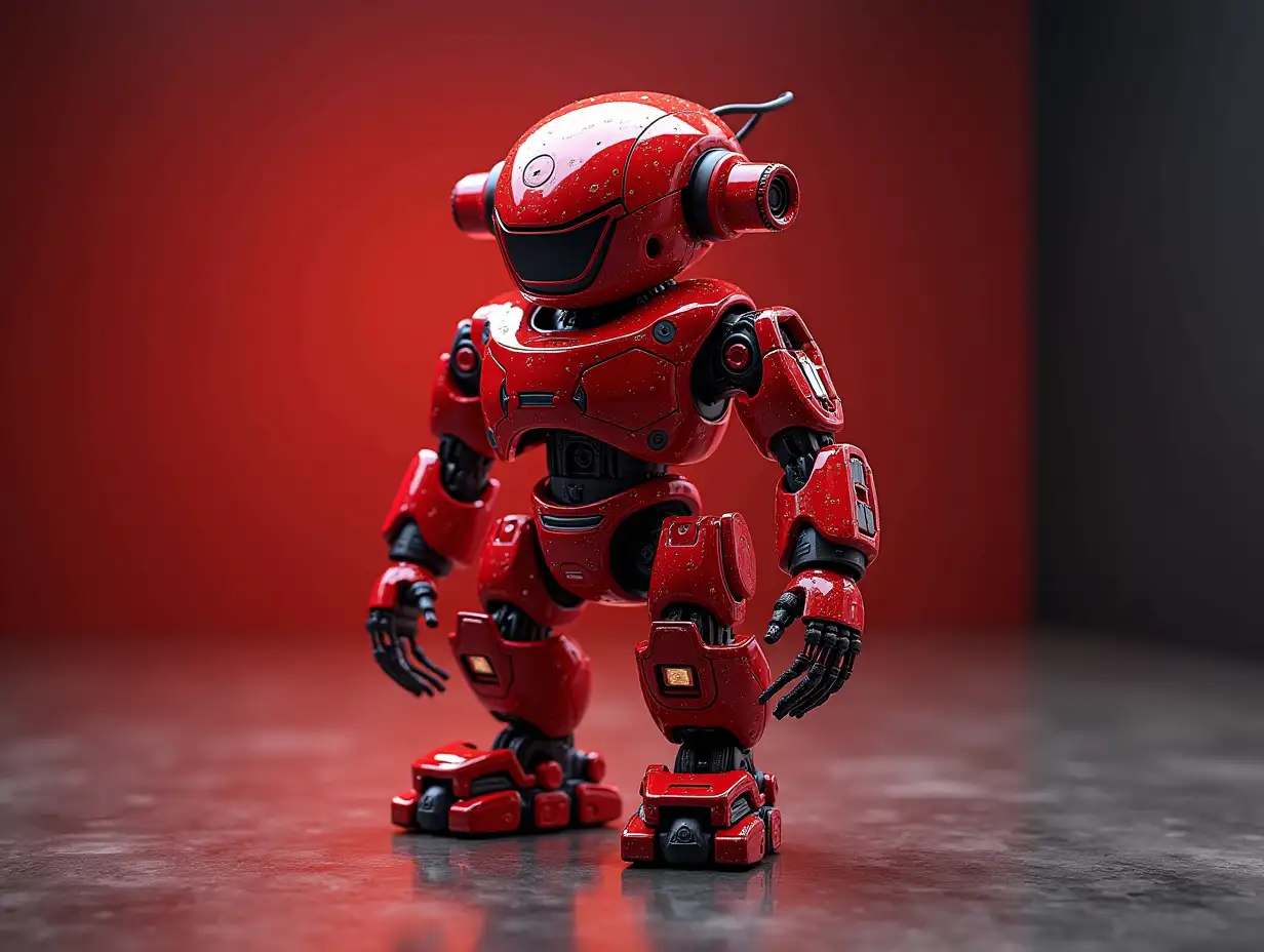 Create a high-resolution, realistic image of an artificial intelligence fractal red robot, on a photo studio floor at 4-k resolution.