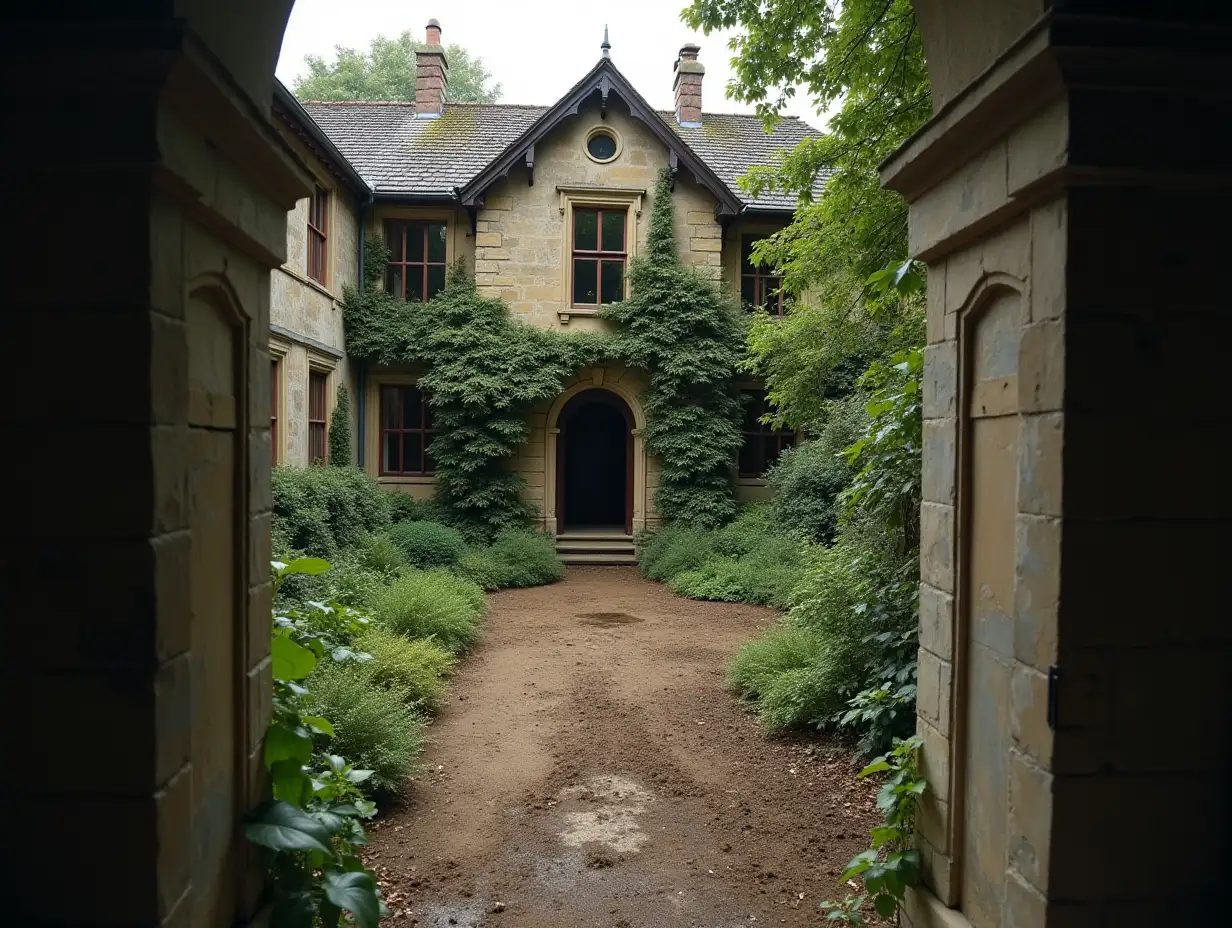 a view from the outside of a very old house with a courtyard containing climbing plants and muddy land, and there is a tall beautiful older girl