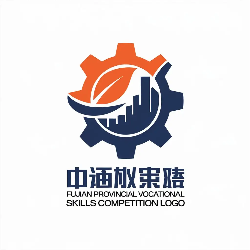 a vector logo design,with the text "Fujian Provincial Vocational Skills Competition logo", main symbol:gears tea Fujian earthen building,Minimalistic,be used in Nonprofit industry,clear background