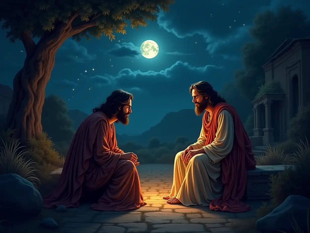 An atmospheric and detailed illustration of Nicodemus coming to Jesus at night, set in a quiet, moonlit garden. Jesus is seated calmly, illuminated by a soft, warm glow, symbolizing His divine wisdom. Nicodemus, dressed in rich robes, leans in with a look of curiosity and reverence as he listens intently to Jesus. The background features subtle details of ancient architecture and starry skies, enhancing the nighttime ambiance. The mood is intimate and contemplative, reflecting the deep, spiritual conversation about being 'born again' and the kingdom of God. The scene emphasizes the contrast between Nicodemus’s search for truth and the quiet authority of Jesus.