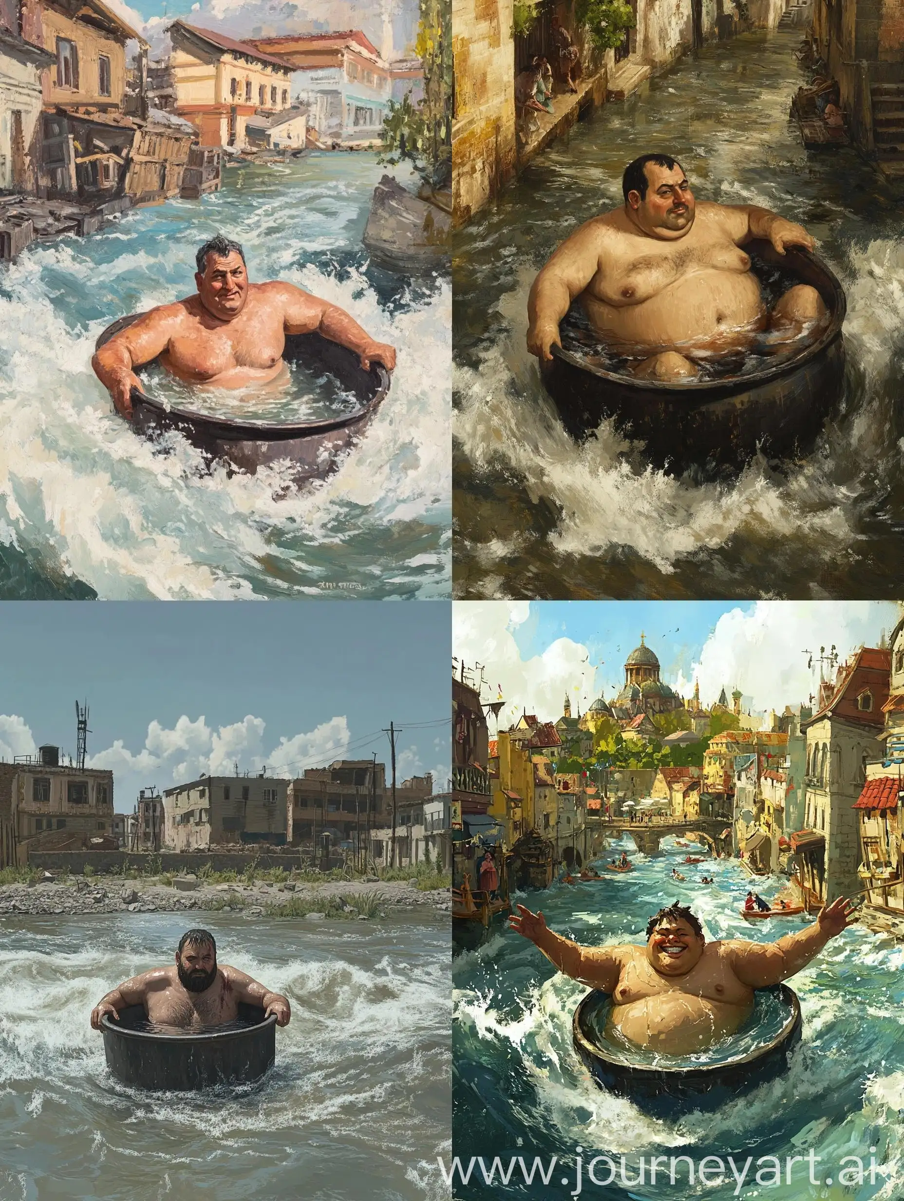 Chubby-Armenian-Man-Swimming-in-Iron-Tub-Amidst-Urban-River