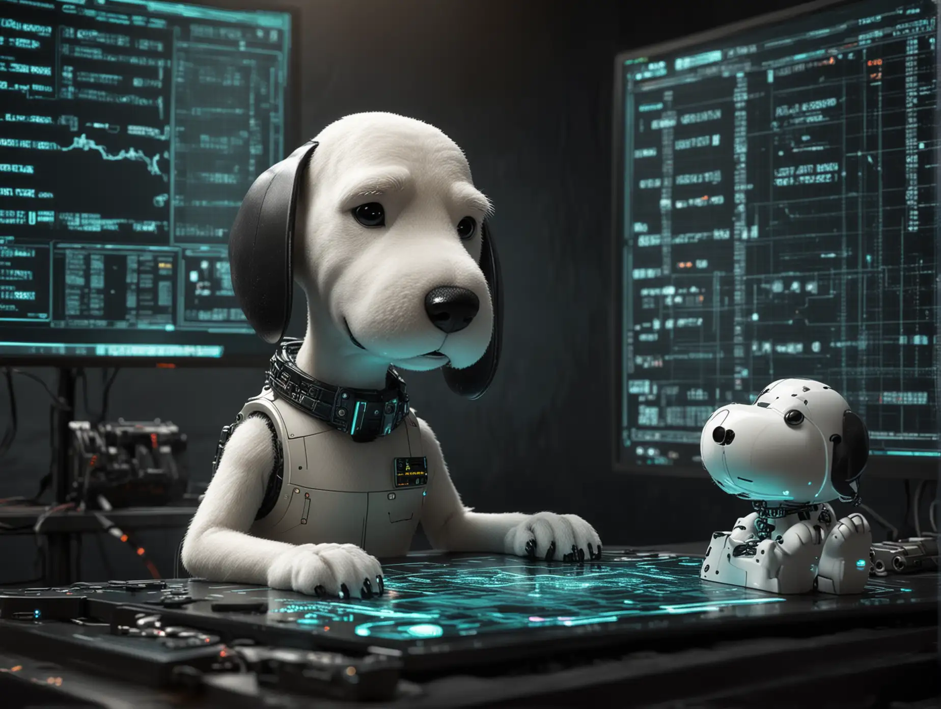 Genius, cybernetic snoopy with a very serious, stern expression in the style of the borg from star trek looking down intensely studying a highly detailed glowing holographic flowchart designed to revolutionise crypto through automation, ultra high definition, cinimatic, moody, price charts in the background, technology is intergrated throughout the squirrels body