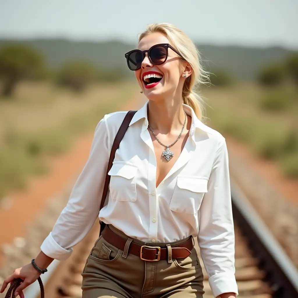 White lady, wearing an  shooting shirt, laughing with her mouth open, red lipstick accentuating her smile, accessorized with a stylish belt, holding a leather whip, jewerly, white skin, wide hips, pilot sunglasses, lady walking on rails, kenya, safari