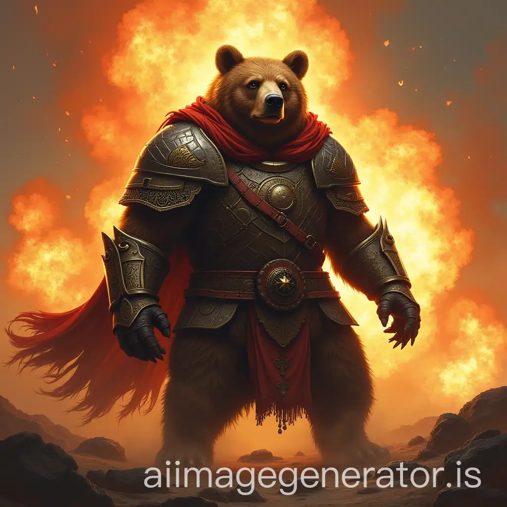 Armored-Warrior-Bear-Standing-Before-an-Explosive-Battle-Scene