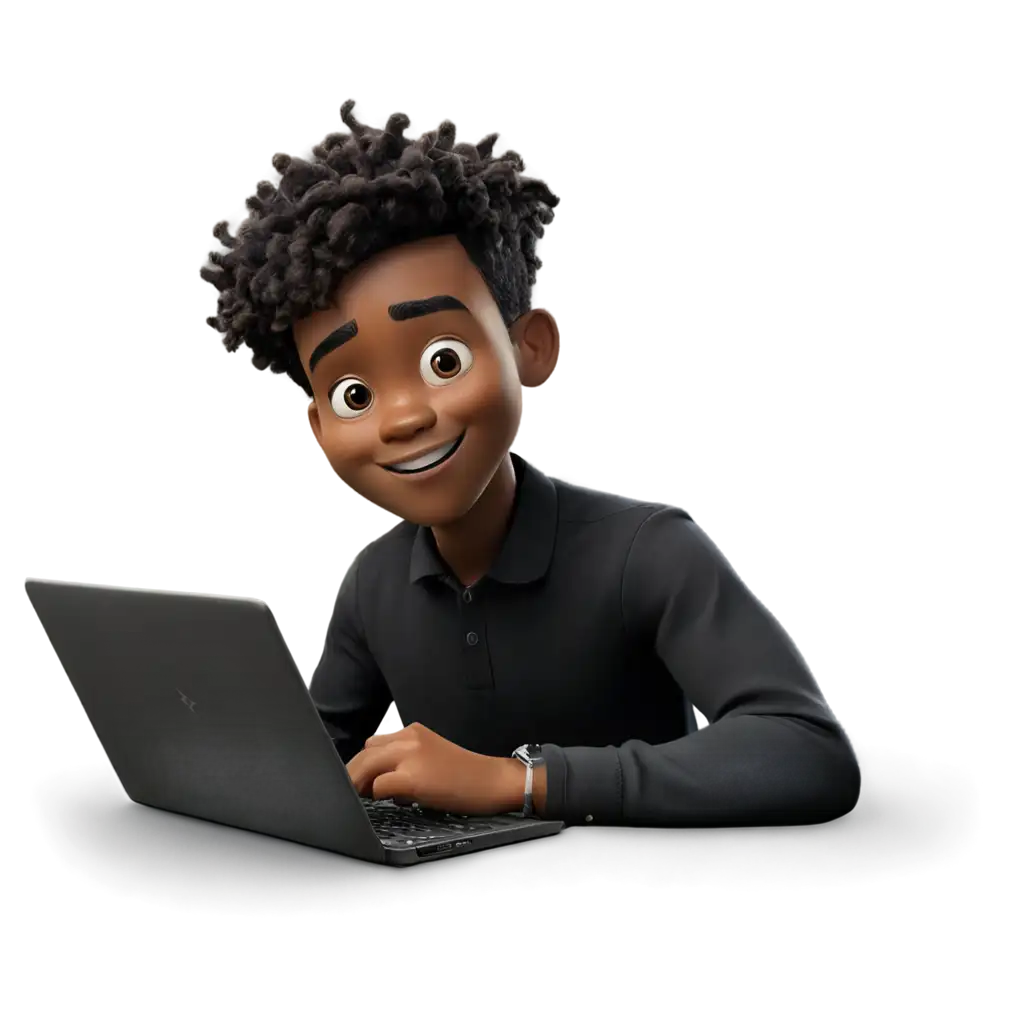 Black-Boy-With-Black-Shirt-Creating-Website-On-PC-PNG-Image-Disney-Pixar-Style