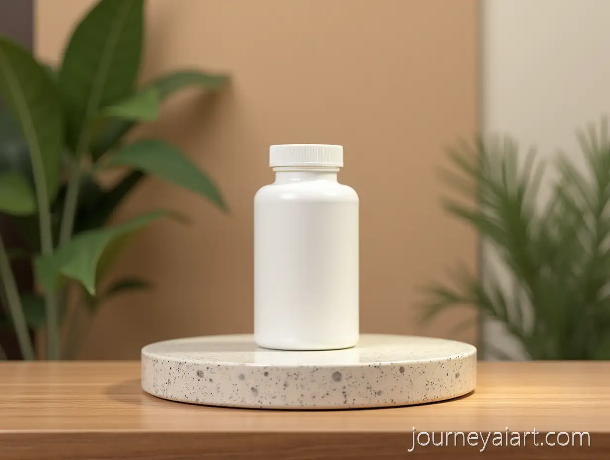 Minimalist-White-Pill-Bottle-onMinimalist-Pill-Bottle-Display-Stone-Pedestal-with-Luxurious-Wooden-Table