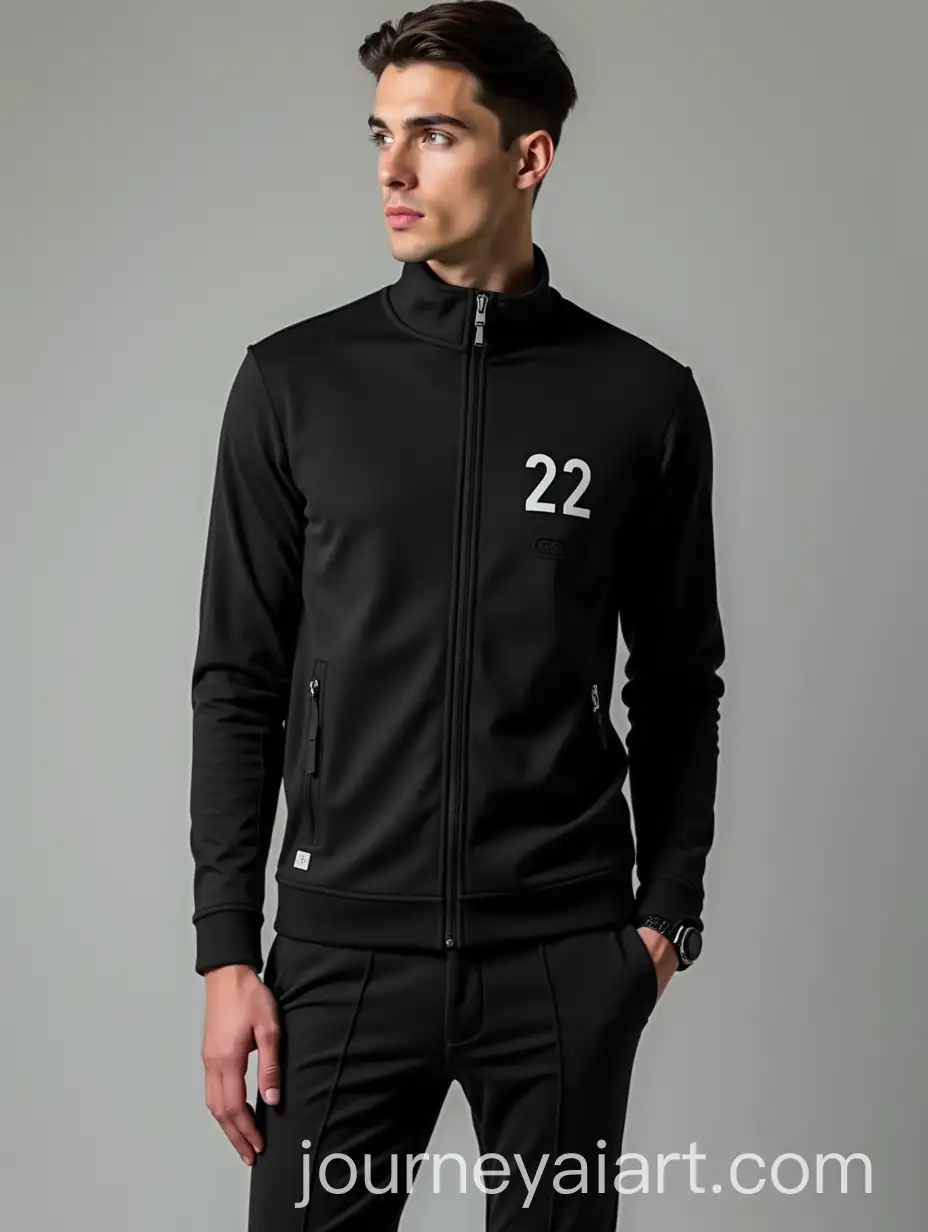 Handsome-Young-Man-in-Black-FormFitting-Outfit-with-Zipper-and-22-Inscription