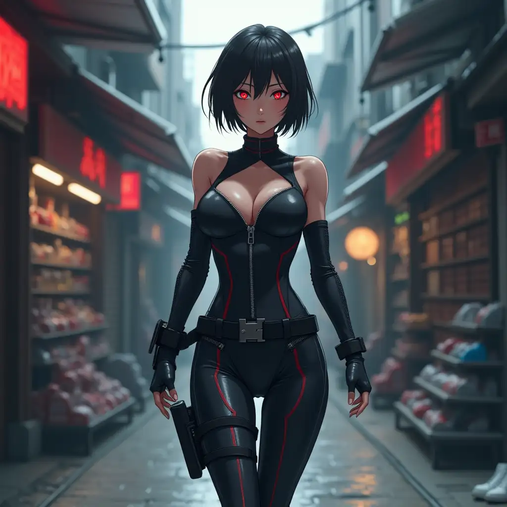 Short hair, mature Asian woman thief cyber runner in a dynamic full-length pose, eyes with red electronic pupils, large breast, extreme skintight body glove zipped down with cleavage, combat boots and combat belt. Full view of her body from boots up, low wide angle. Future store filled city alley street. Anime