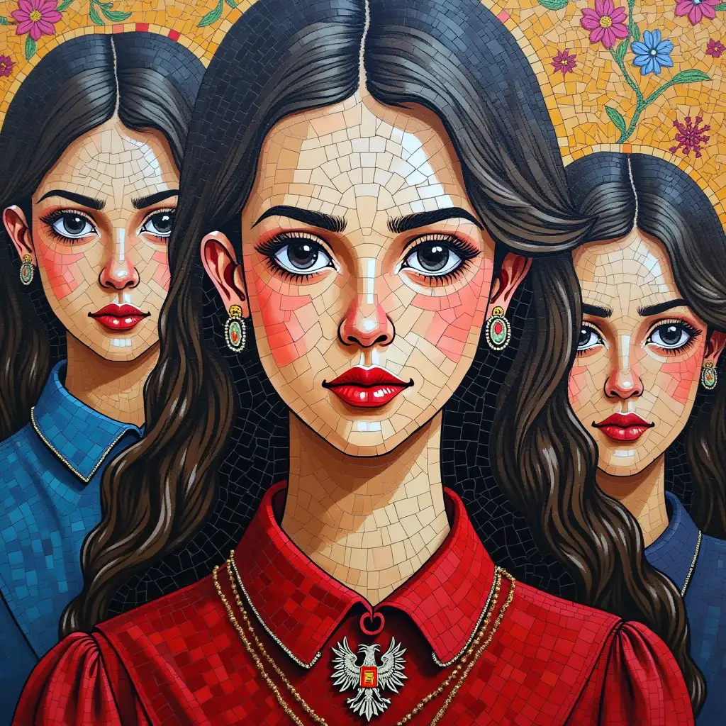 fascinating mosaic mural captures the faces of A BEAUTY ALBANIAN GIRL wearing a red dress with albanian black eagle engraved , rendered in a unique color palette that highlights their distinct features. The meticulous placement representing a celebration of human uniqueness and collective beauty. This artwork not only enhances its immediate environment but also invites viewers to appreciate the intricacies of mosaic art and the subtle interplay of light and texture. bright, clear, clean, uhd, 128k