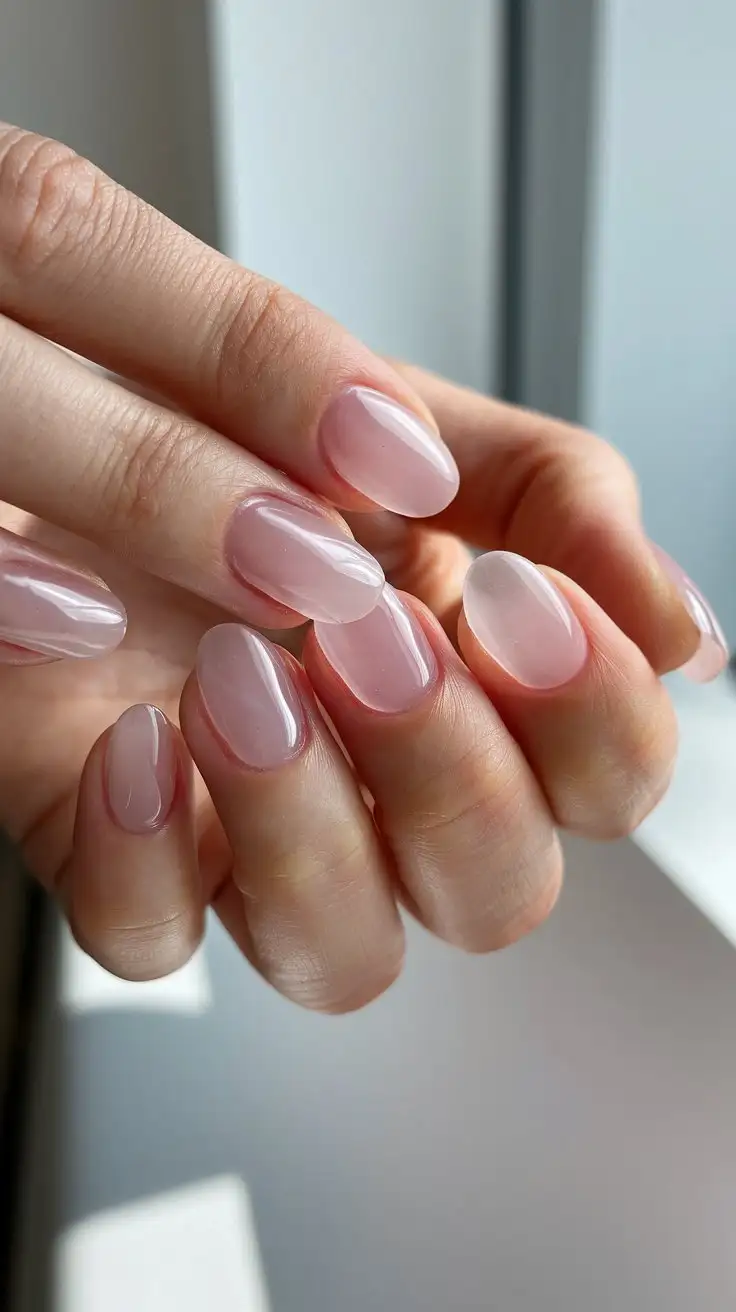 Hand with short, rounded nails painted in a sheer, jelly pink polish. The nails should have a translucent, squishy appearance, like jelly candies. Focus on the glossy, see-through quality of the polish and the natural nail tip visible underneath. Background is a brightly lit, minimalist white surface.