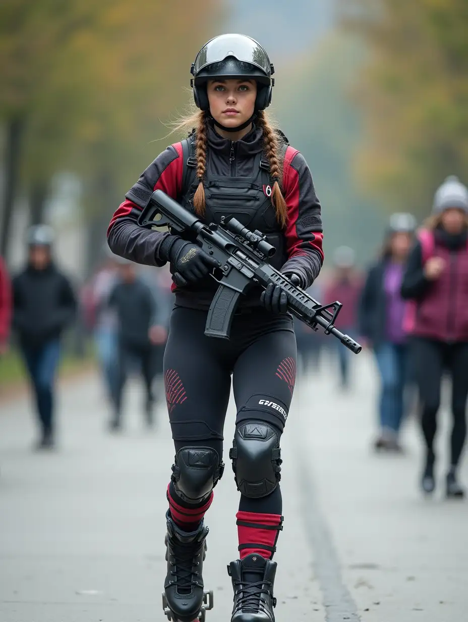 a 17 year old airsoft geared woman at a distance, she is skating on a street, holding a weapon, ordinary people in background, clothes have racing colors, she is wearing lots of functional sportswear, cycling gloves, airsoft helmet with transparent visor over eyes, smartwatch, thick plastic knee pads, modern inline skates with complete organized wheels