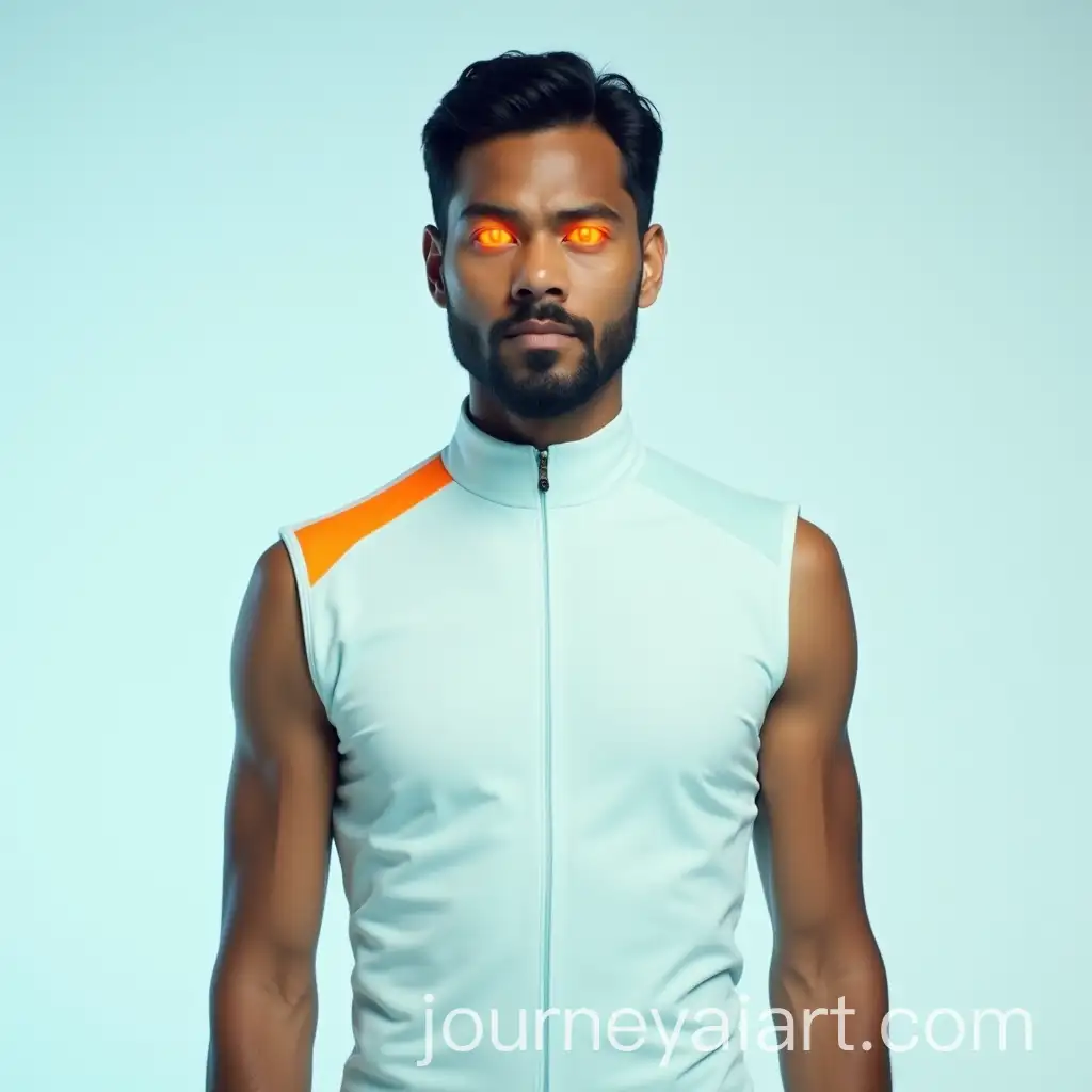 Man-in-Pale-Blue-Sleeveless-Suit-with-Striking-OrangeYellow-Eyes-and-Minimalist-Background