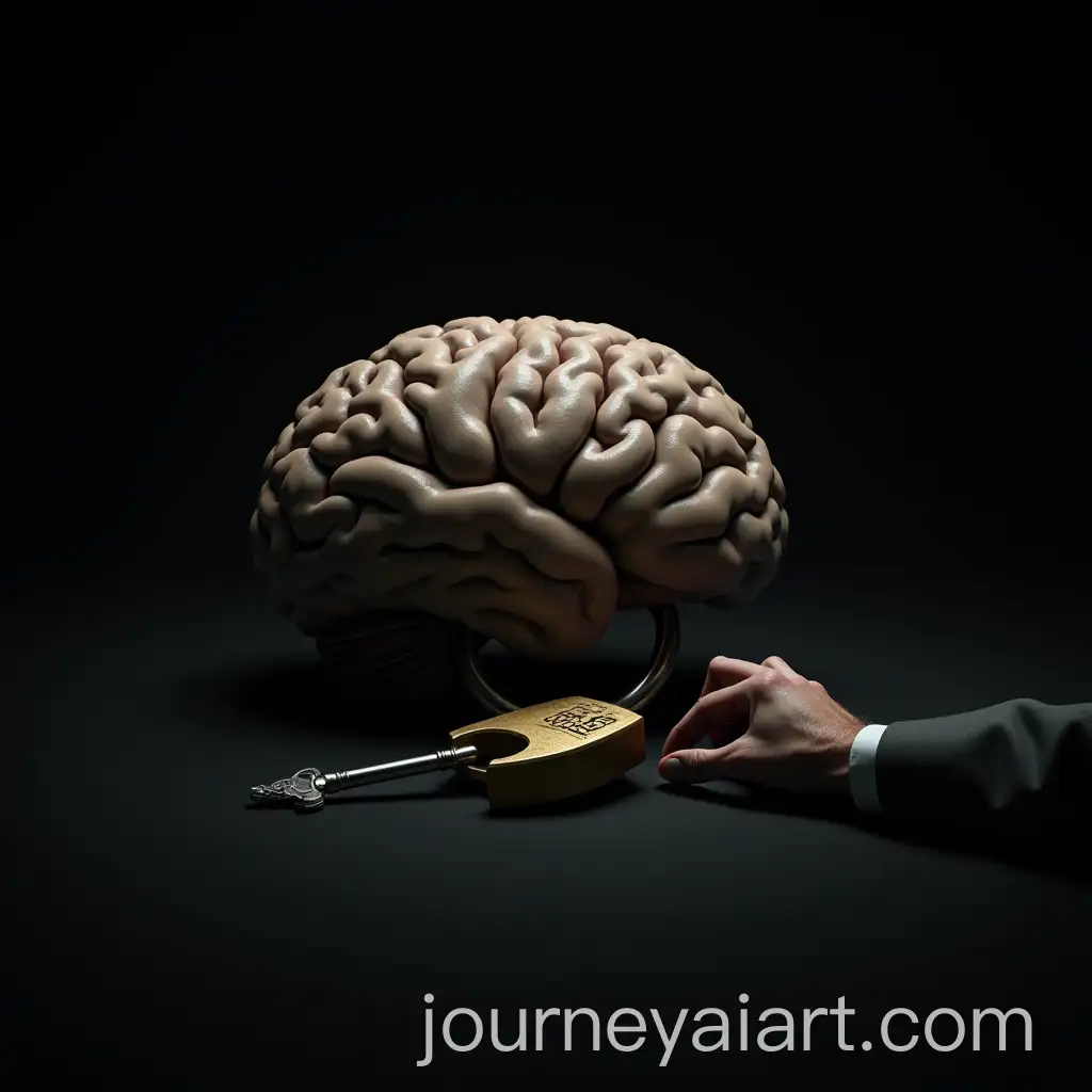 Unlocking-the-Mind-A-BrainShaped-Lock-and-Key-in-a-Mysterious-Workspace