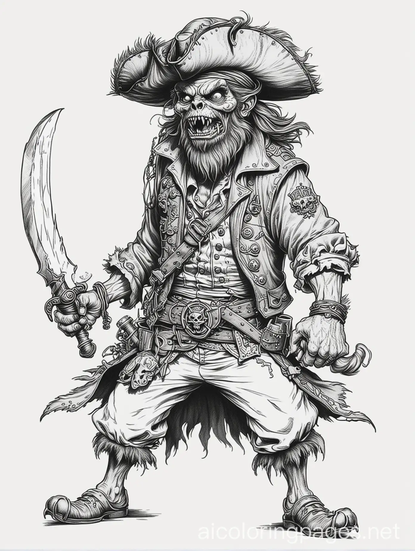 werewolf pirate fighting zombie pirate, Coloring Page, black and white, line art, white background, Simplicity, Ample White Space. The background of the coloring page is plain white to make it easy for young children to color within the lines. The outlines of all the subjects are easy to distinguish, making it simple for kids to color without too much difficulty