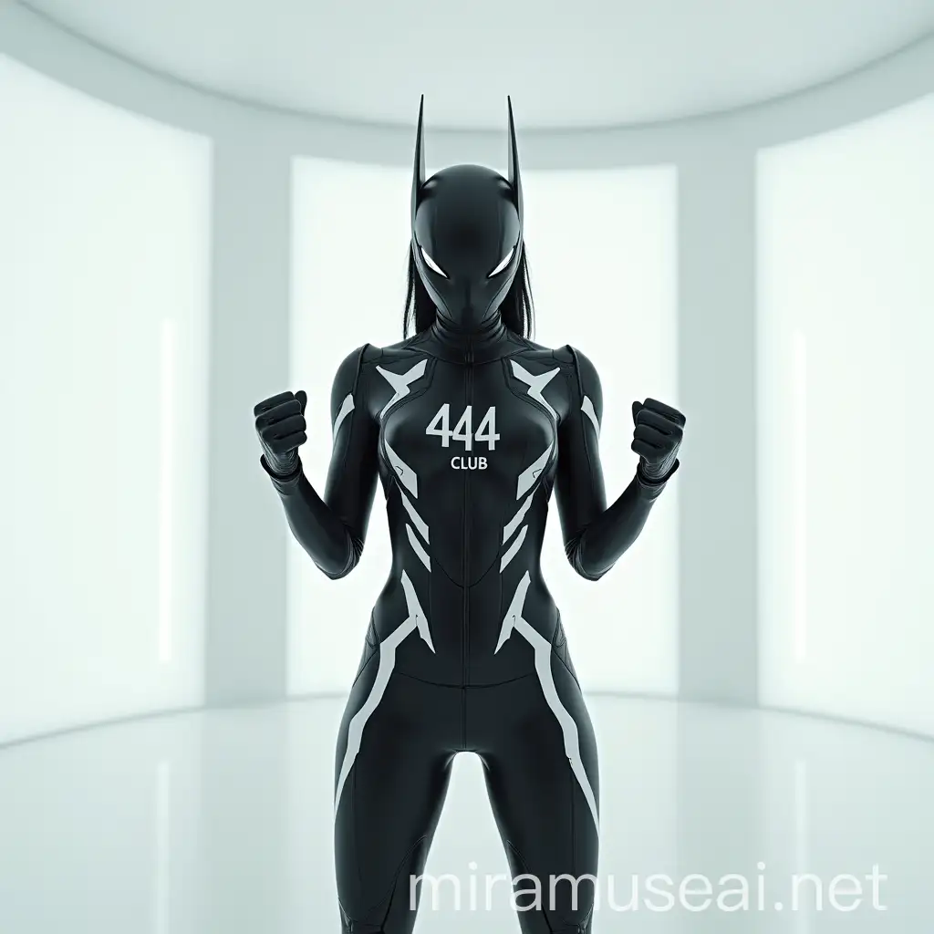 Futuristic Cyberassassin in Black and White Suit with 444CLUB Logo